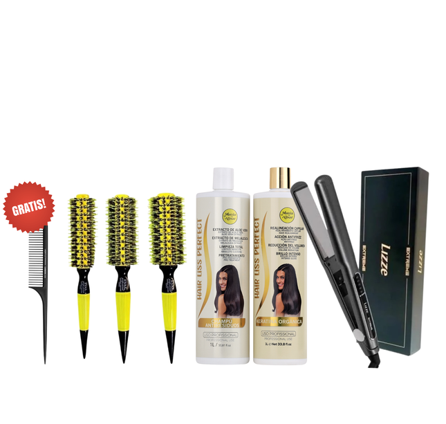 Kit de Alisado Hair Liss Perfect + Plancha + 3 Cepillos + REGALO Peine de Carbon