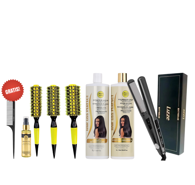 Kit de Alisado Hair Liss Perfect + Plancha + 3 Cepillos + REGALO Peine de Carbon + Serum