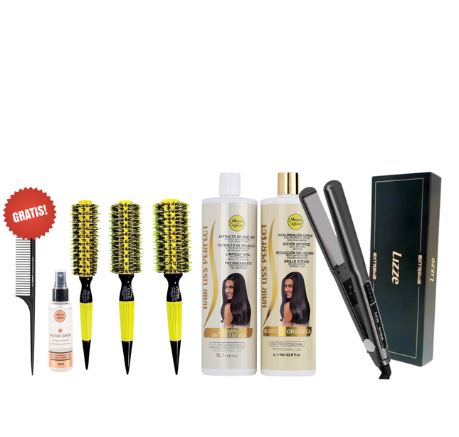 Kit de Alisado Hair Liss Perfect + Plancha + 3 Cepillos + REGALO Peine de Carbon + Perfume para el Pelo