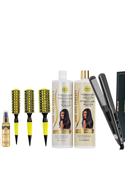 Kit de Alisado + Plancha + 3 Cepillos + REGALO Peine de Carbon + Serum + Perfume para el Pelo
