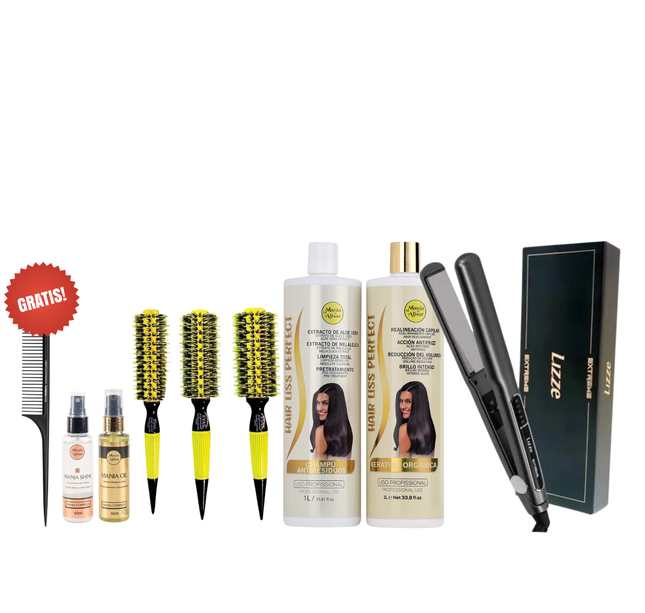 Kit de Alisado + Plancha + 3 Cepillos + REGALO Peine de Carbon + Serum + Perfume para el Pelo